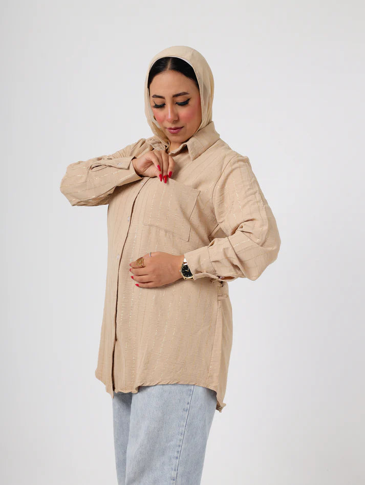 Oversized Beige Boyfriend striped Shirt