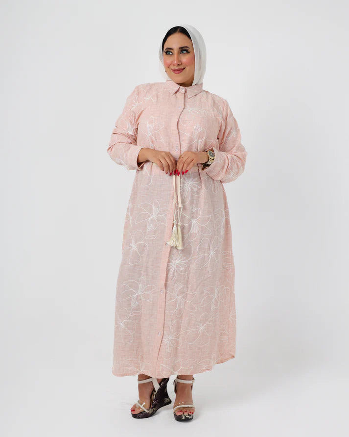 French Embroidered Pink Linen Dress