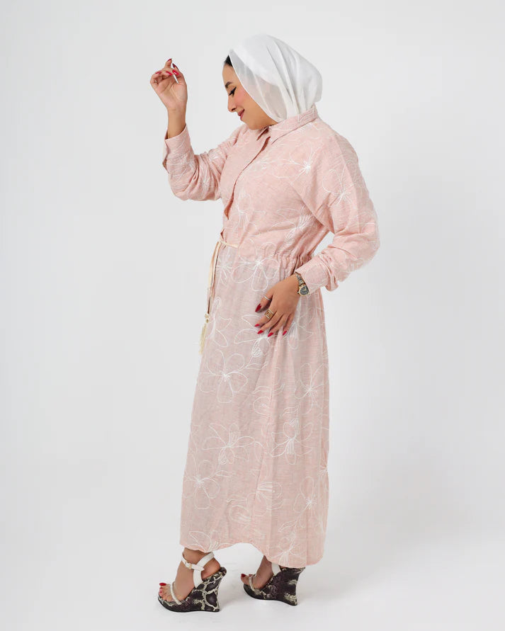 French Embroidered Pink Linen Dress