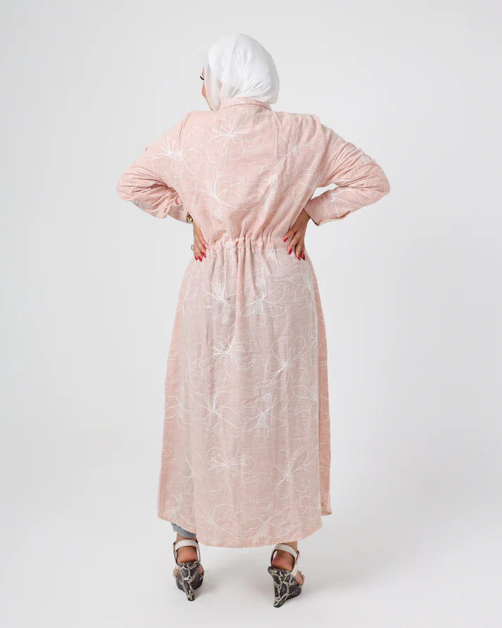 French Embroidered Pink Linen Dress