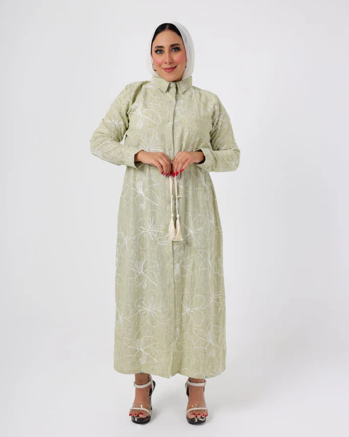 French Embroidered Mint Green Linen Dress