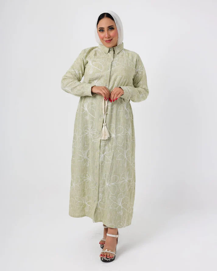 French Embroidered Mint Green Linen Dress