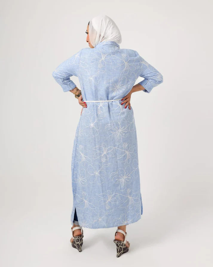 French Embroidered Blue Linen Dress
