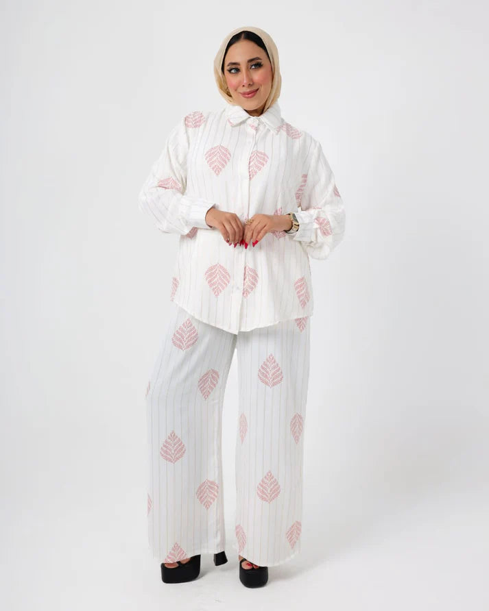 French Printed crystal linen suit white-Pink