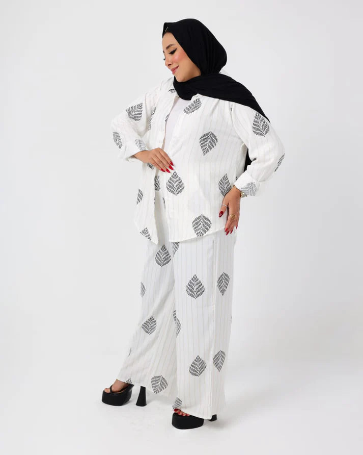 French Printed crystal linen suit white-Black