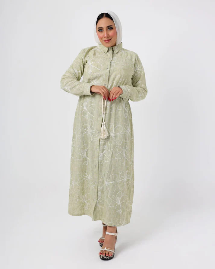 French Embroidered Mint Green Linen Dress