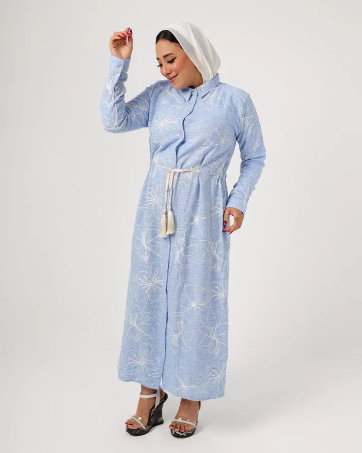 French Embroidered Blue Linen Dress