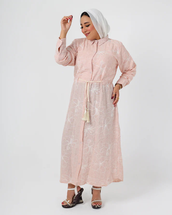 French Embroidered Pink Linen Dress