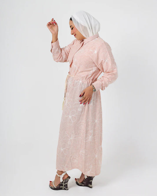 French Embroidered Pink Linen Dress