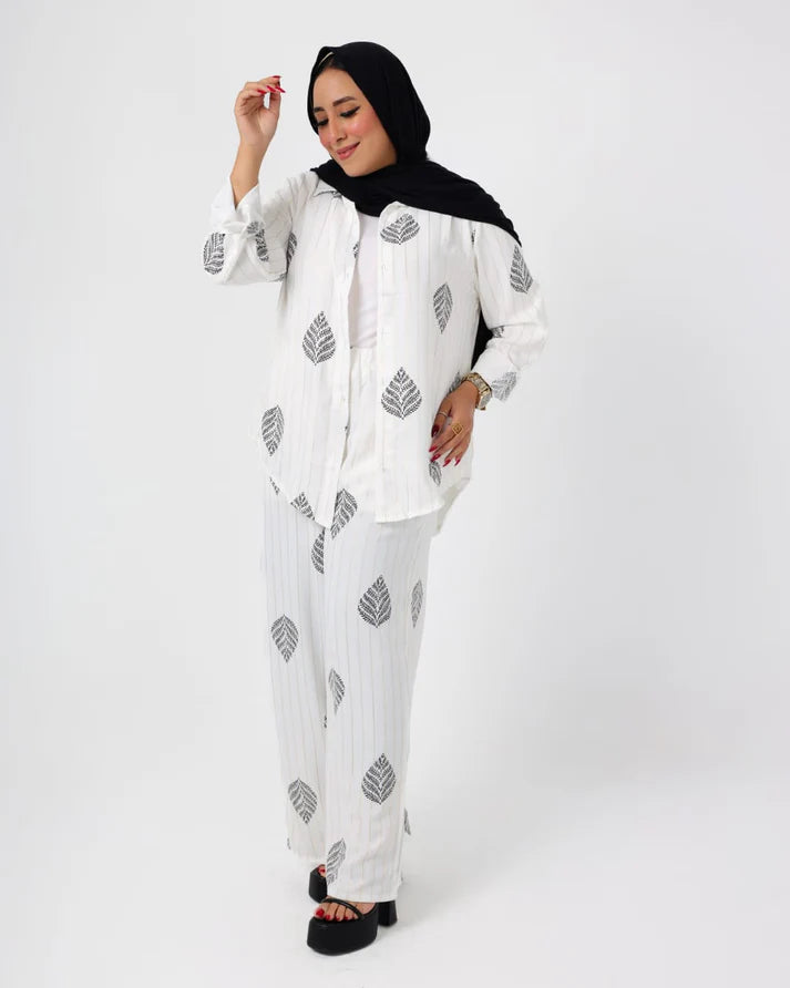 French Printed crystal linen suit white-Black