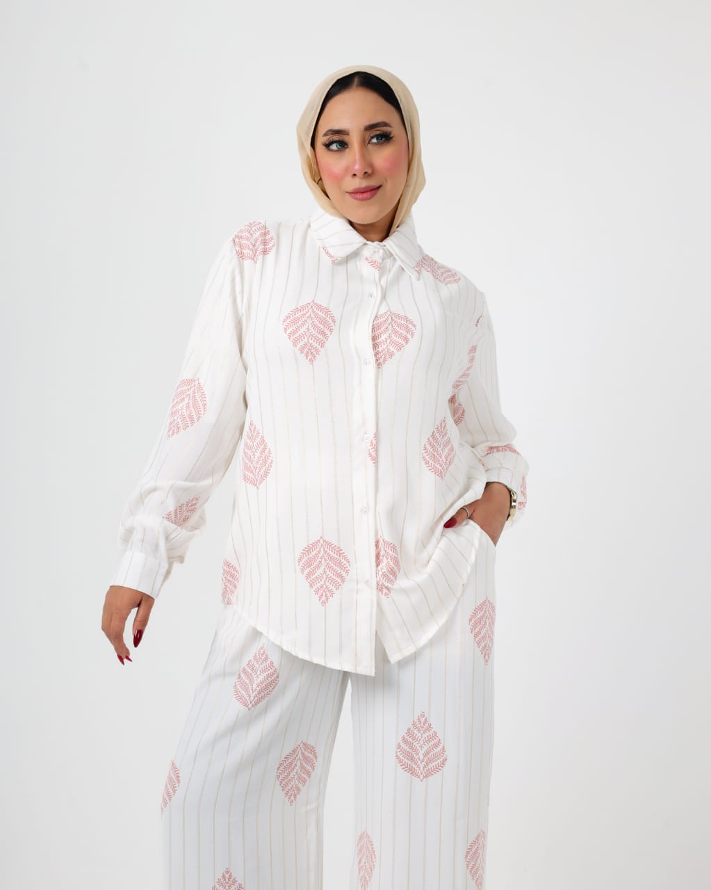 French Printed Crystal Linen Suit White-Gray/Pink