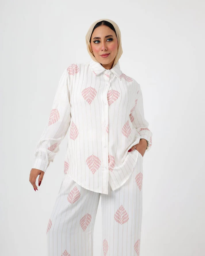 French Printed crystal linen suit white-Pink