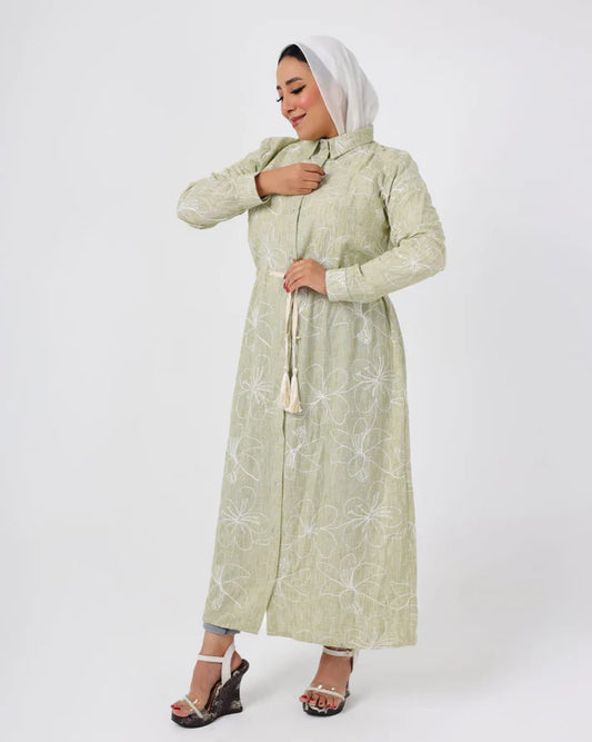French Embroidered Mint Green Linen Dress