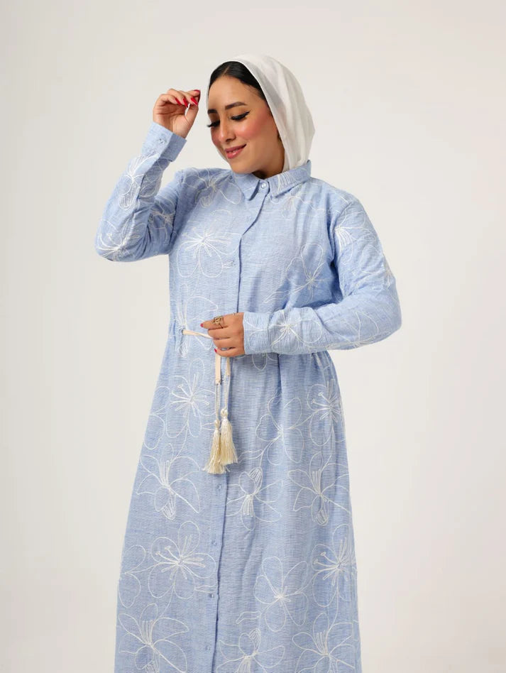 French Embroidered Blue Linen Dress