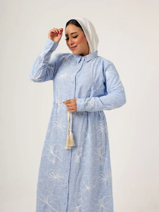 French Embroidered Blue Linen Dress