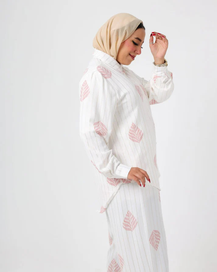 French Printed crystal linen suit white-Pink