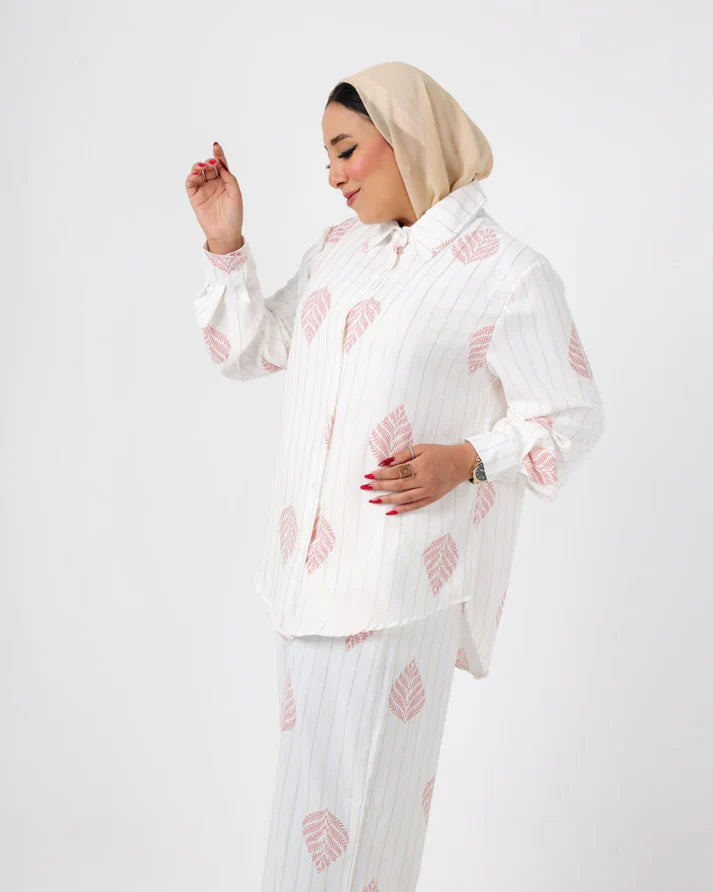 French Printed crystal linen suit white-Pink
