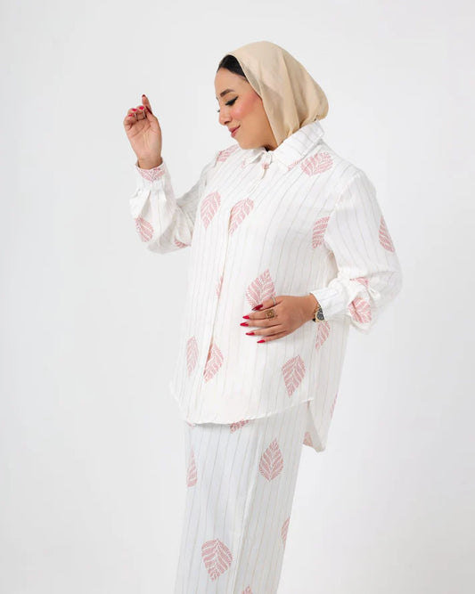 French Printed crystal linen suit white-Pink