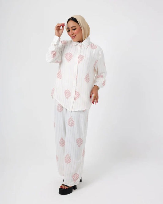 French Printed crystal linen suit white-Pink