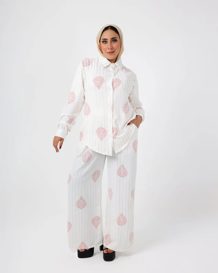 French Printed crystal linen suit white-Pink