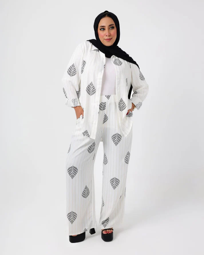 French Printed crystal linen suit white-Black