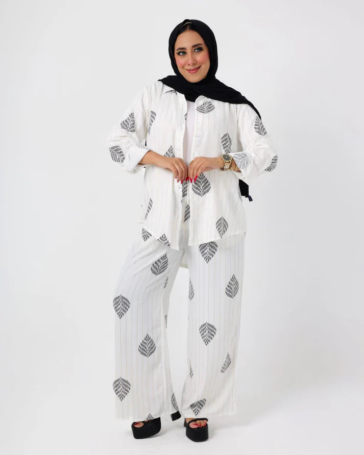 French Printed crystal linen suit white-Black