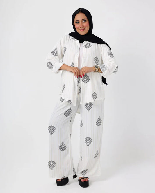 French Printed crystal linen suit white-Black