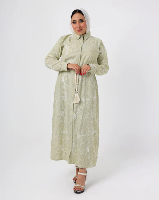 French Embroidered Mint Green Linen Dress