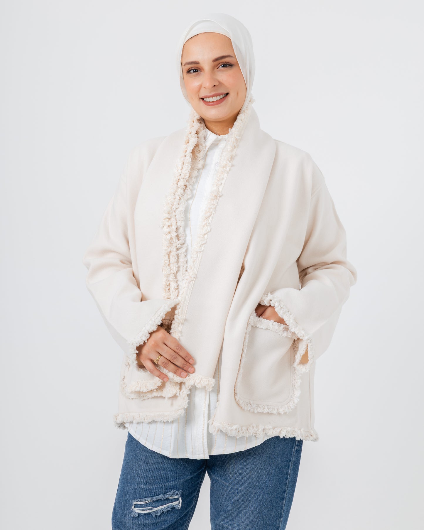 Jacket with a fringed scarf