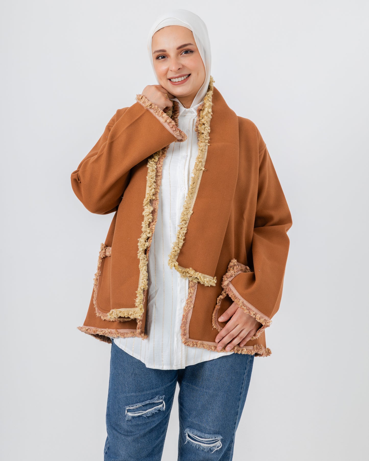 Jacket with a fringed scarf