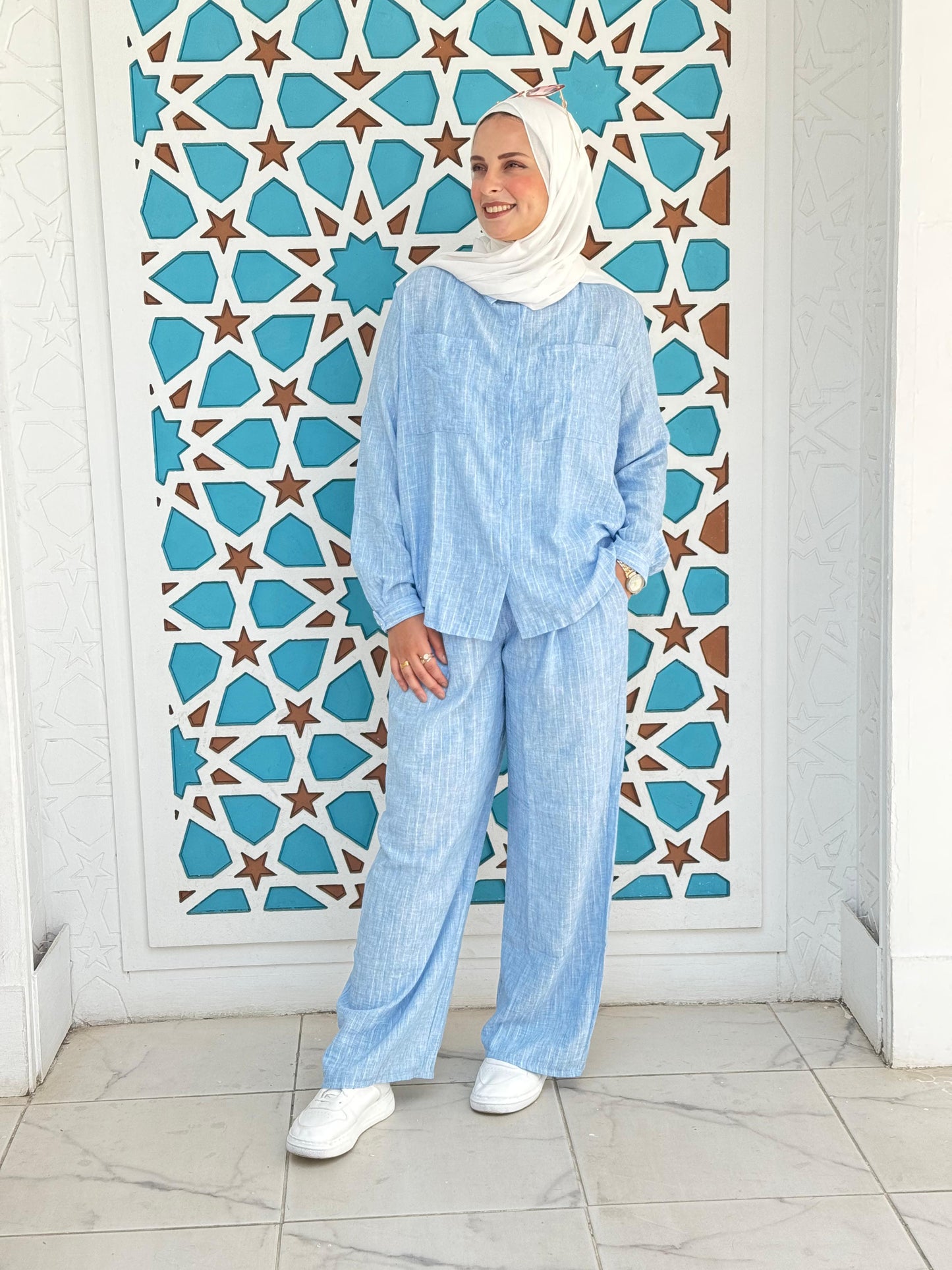French crystal Blue linen suit